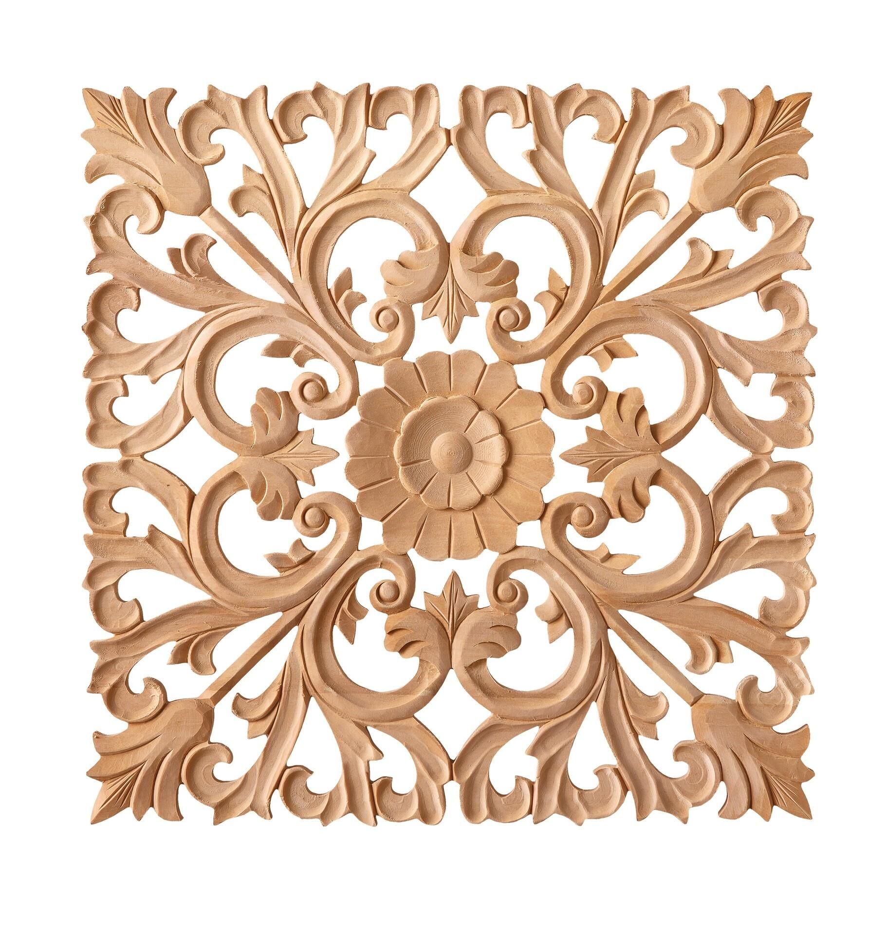 Aplik Orta Göbek Boyanabilir Ahşap Desenli İşlemeli Dekoratif Aksesuar 45x45x1,6  cm OGK03